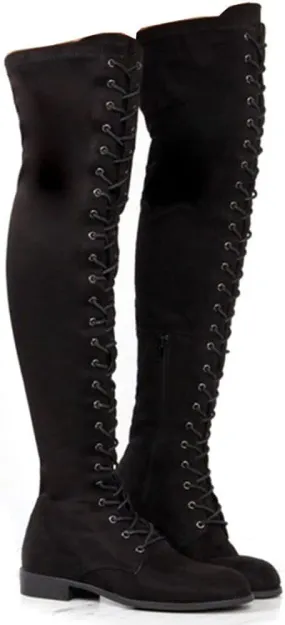 YING LAN Women's Over The Knee Low Heel Lace Up Tall Boots