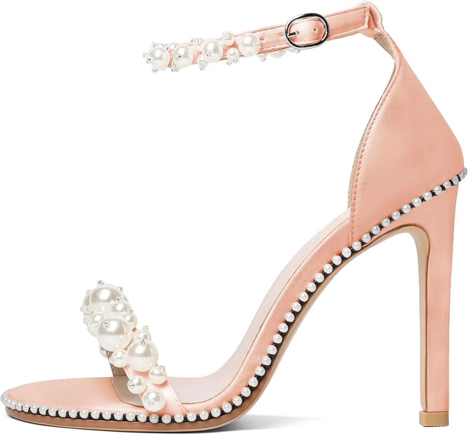 YODEKS Women's High Heels, Open Toe Ankle Strap High Heeled Summer Sandals, Round Toe Stiletto Heel 4.4 Inch Gem Pearl Dress Shoes for Ladies Office Wedding Evening