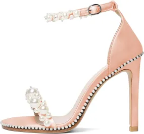 YODEKS Women's High Heels, Open Toe Ankle Strap High Heeled Summer Sandals, Round Toe Stiletto Heel 4.4 Inch Gem Pearl Dress Shoes for Ladies Office Wedding Evening