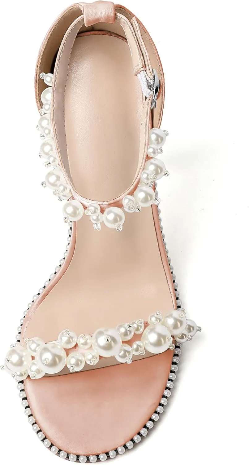 YODEKS Women's High Heels, Open Toe Ankle Strap High Heeled Summer Sandals, Round Toe Stiletto Heel 4.4 Inch Gem Pearl Dress Shoes for Ladies Office Wedding Evening