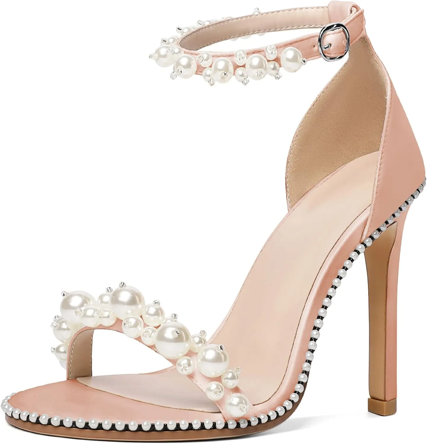YODEKS Women's High Heels, Open Toe Ankle Strap High Heeled Summer Sandals, Round Toe Stiletto Heel 4.4 Inch Gem Pearl Dress Shoes for Ladies Office Wedding Evening